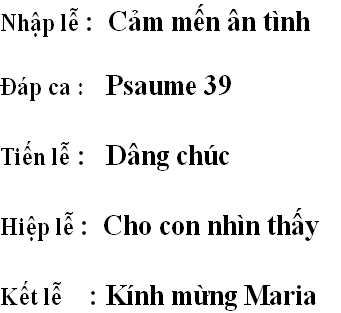 Nhập lễ :  Cảm mến ân tình

Đáp ca :   Psaume 39              

Tiến lễ :   Dâng chúc

Hiệp lễ :  Cho con nhìn thấy 
               
Kết lễ    : Kính mừng Maria